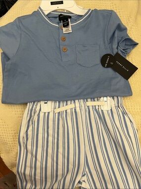 Perry Ellis Boys Light Blue Henley Top with White-Blue Striped Shorts Set